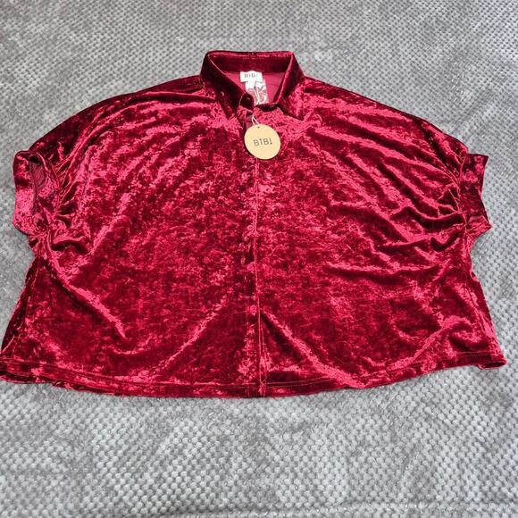 Bibi Velvet Blouse Button Up Pleated S/S Boho Romance Relaxed Oversized Small - Picture 2 of 6